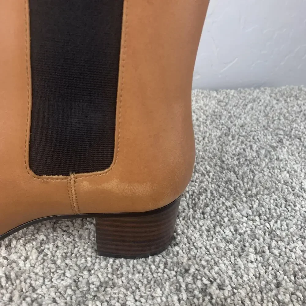 J. Crew Boots Womens Size 7.5 Brown Tan Chelsea Block Heel Leather Ankle Pull On - Picture 6 of 12